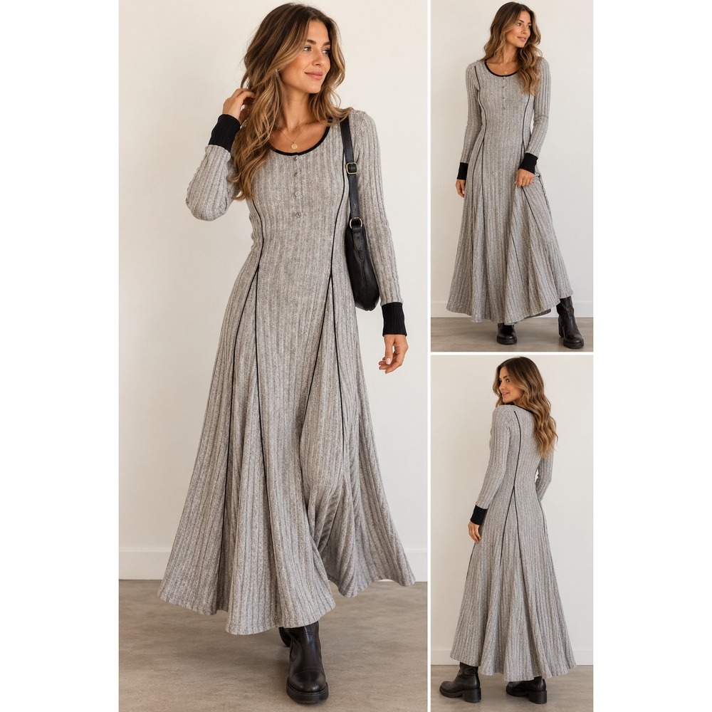 Gray Ribbed Maxi Sweater Dress Y2K Grunge Whimsigoth Dark Academia Fit & Flare